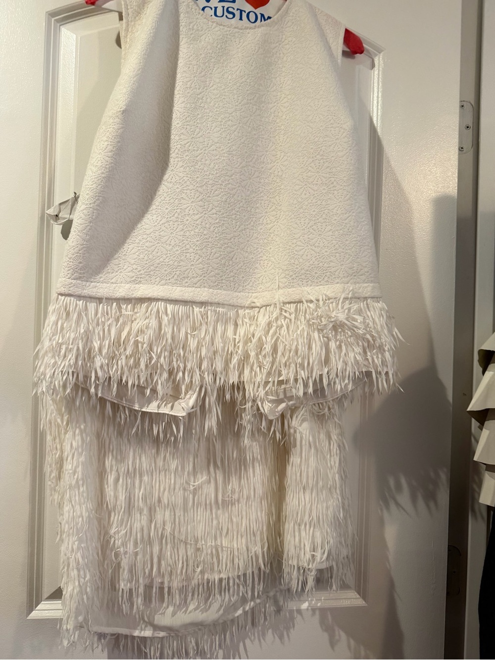 Ivory Textured Shift Dress with Feathered Fringe
